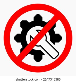 The gear icon is crossed out in a red circle. Repair ban. Do not exploit. There are no mechanisms. Simple use. Vector icon.