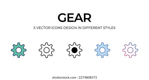 gear Icon Design in Five style with Editable Stroke. Line, Solid, Flat Line, Duo Tone Color, and Color Gradient Line. Suitable for Web Page, Mobile App, UI, UX and GUI design.