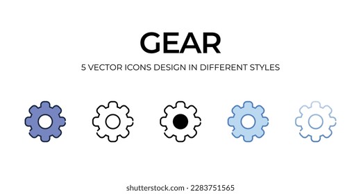 Gear Icon Design in Five style with Editable Stroke. Line, Solid, Flat Line, Duo Tone Color, and Color Gradient Line. Suitable for Web Page, Mobile App, UI, UX and GUI design.