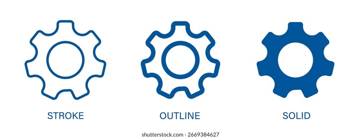 Icono de engranaje con trazo editable, contorno y estilos sólidos. Iconos vectoriales para Configuraciones, desarrollo e ingeniería.