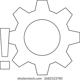 Zahnradsymbol und Ausrufezeichen-Symbol mit weißem Hintergrund.mit schwarzen Linien