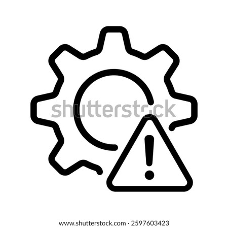 Gear icon with failure sign vector illustration, warning sign with cog wheel, setting icon, thin line failure icon with broken operational process sign, concept of repair, maintenance symbol vector.