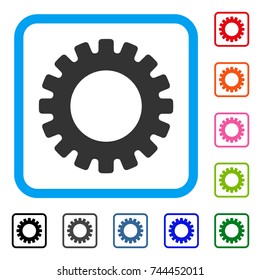 Gear icon. Flat gray pictogram symbol in a blue rounded squared frame. Black, gray, green, blue, red, orange color additional versions of Gear vector. Designed for web and app interfaces.