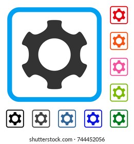 Gear icon. Flat gray pictogram symbol in a blue rounded rectangular frame. Black, gray, green, blue, red, orange color additional versions of Gear vector. Designed for web and app interfaces.
