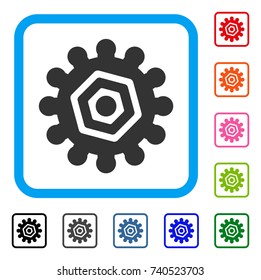 Gear icon. Flat grey iconic symbol in a light blue rounded frame. Black, gray, green, blue, red, orange color additional versions of Gear vector. Designed for web and app UI.
