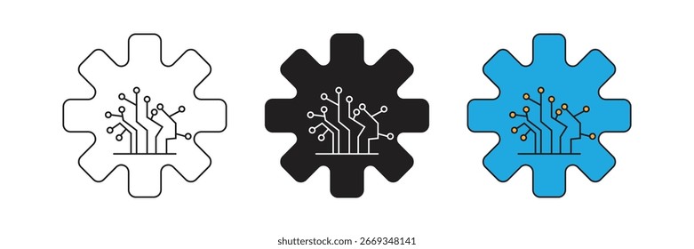 Gear icon with flowing circuit lines. Represents technology, automation, or digital processes. Perfect for tech and industry projects.