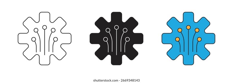 Gear icon with flowing circuit lines. Represents technology, automation, or digital processes. Perfect for tech and industry projects.