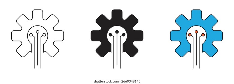 Icono de engranaje con líneas de circuito que fluyen. Representa la tecnología, la automatización o los procesos digitales. Perfecto para proyectos de tecnología e industria.