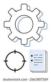 Gear icon, focus target, and document stack symbolizing mechanical efficiency, precision targeting, and organized documentation. Ideal for business processes, productivity, project planning