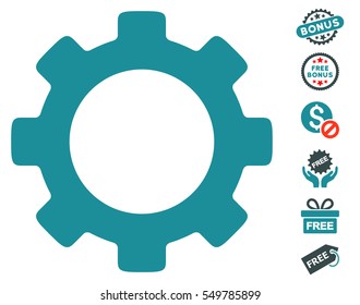 Gear icon with free bonus design elements. Vector illustration style is flat iconic symbols, soft blue colors, white background.