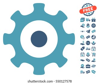 Gear icon with free bonus graphic icons. Vector illustration style is flat iconic symbols, cyan and blue colors, white background.