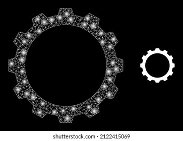 Gear icon and glowing mesh gear model with majestic light spots. Illuminated model created using gear vector icon and triangulated mesh. Glowing frame gear, on a black background.