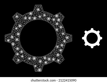 Gear icon and glowing net mesh gear model with glowing light spots. Illuminated constellation done using gear vector icon and triangle mesh. Constellation frame gear, on a black background.
