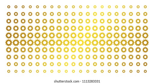 Gear icon gold halftone pattern. Vector gear objects are arranged into halftone array with inclined gold color gradient. Designed for backgrounds, covers, templates and beautiful concepts.
