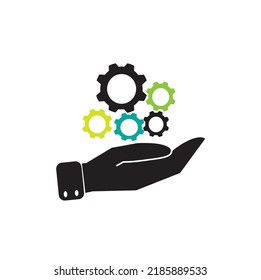 gear icon in hand, hand brush and gears isolated on white background, business development concept