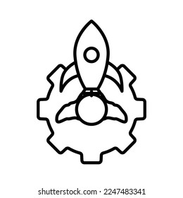 Gear icon illustration with rocket. suitable for start project icon. icon related to project management. line icon style. Simple vector design editable