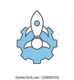 Icono de engranaje con cohete. adecuado para iniciar el icono de proyecto. icono relacionado con la administración de proyectos. estilo de icono de línea plana. Diseño de vector simple editable