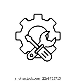 Gear icon illustration with screwdriver  and wrench. icon related to tool. outline icon style. Simple vector design editable