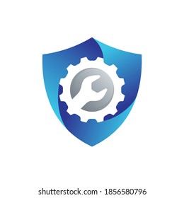 gear icon inside the shield logo, automotive protection, silhouette of a wrench in gear