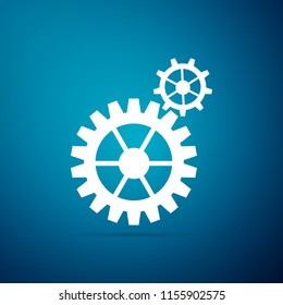 Gear icon isolated on blue background. Cogwheel gear settings sign. Cog symbol. Flat design. Vector Illustration