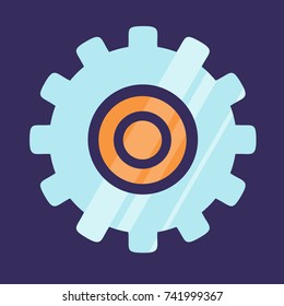 Gear icon logo design isolated on blue background. Mechanical element made of stainless steel vector illustration in flat style