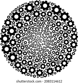 Gear icon motion spheric collage. Gear elements are combined into cluster cycle vector illustration. Abstract spheric cluster collage combined from regular gear symbols.