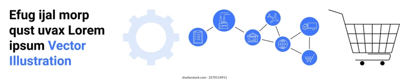 Gear icon, network circles with various symbols like shopping bags and electronic devices, and a shopping cart. Ideal for e-commerce, technology, network, online shopping, and digital marketing