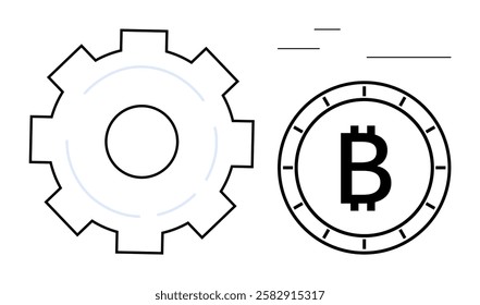 Gear icon next to the Bitcoin symbol inside a digital coin. Ideal for blockchain education, cryptocurrency trading, financial technology, digital innovation, technology tutorials, online courses