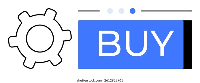 Gear icon next to blue Buy button symbolizing technology and e-commerce automation. Ideal for online shopping, digital marketing, web design, e-commerce platforms, technology integration, app