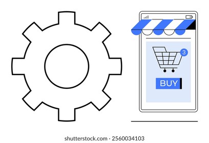 Gear icon next to smartphone with online shop interface and shopping cart, symbolizing e-commerce and settings. Ideal for online shopping, mobile apps, e-commerce, user interface, and settings