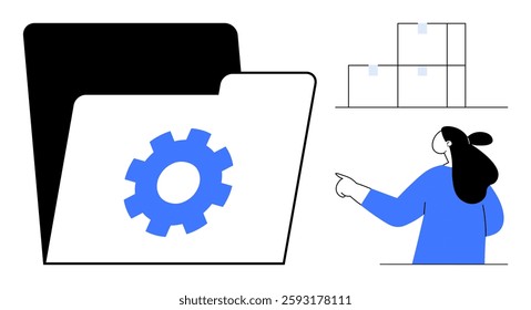 Gear icon on a large folder with a person pointing at a graph. Ideal for business organization, digital tools, project management, data analysis, and teamwork concepts. Modern flat style