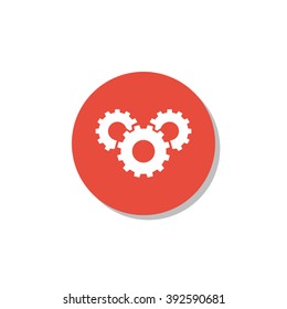 Gear icon, on white background, red circle border, white outline