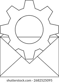 gear icon and open envelope icon on white background.with black lines