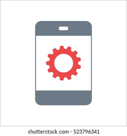Gear icon. Options, preferences, generation and work concept symbol on phone sign flat icon on background