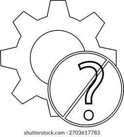 Un icono de engranaje superpuesto con un signo de interrogación dentro de un círculo tachado