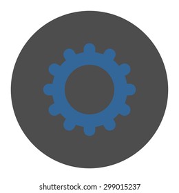 Gear icon from Primitive Round Buttons OverColor Set. This round flat button is drawn with cobalt and gray colors on a white background.