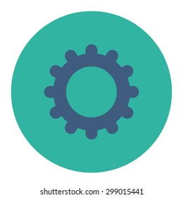 Gear icon from Primitive Round Buttons OverColor Set. This round flat button is drawn with cobalt and cyan colors on a white background.