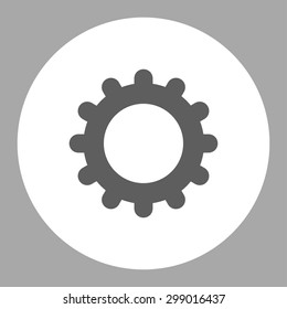 Gear icon from Primitive Round Buttons OverColor Set. This round flat button is drawn with dark gray and white colors on a silver background.