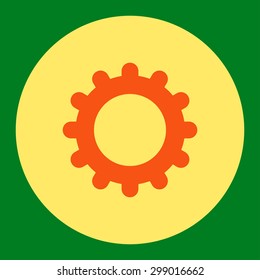 Gear icon from Primitive Round Buttons OverColor Set. This round flat button is drawn with orange and yellow colors on a green background.