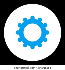 Gear icon from Primitive Round Buttons OverColor Set. This round flat button is drawn with blue and white colors on a black background.