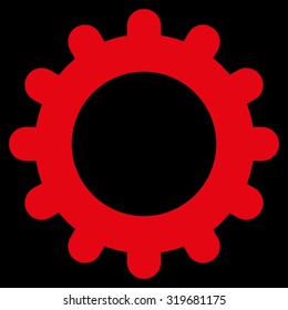 Gear icon from Primitive Set. This isolated flat symbol is drawn with red color on a black background, angles are rounded.