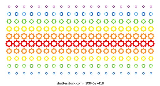 Gear icon rainbow colored halftone pattern. Vector symbols organized into halftone array with vertical spectrum gradient. Constructed for backgrounds, covers, templates and abstraction concepts.