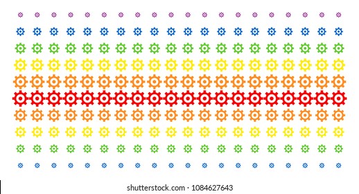 Gear icon rainbow colored halftone pattern. Vector shapes organized into halftone grid with vertical spectral gradient. Designed for backgrounds, covers, templates and abstraction compositions.