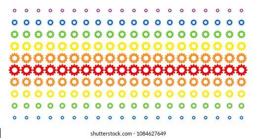 Gear icon rainbow colored halftone pattern. Vector items organized into halftone matrix with vertical spectral gradient. Designed for backgrounds, covers, templates and abstraction compositions.
