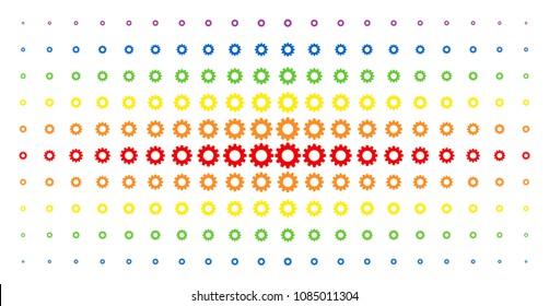 Gear icon rainbow colored halftone pattern. Vector gear pictograms are arranged into halftone grid with vertical rainbow colors gradient. Designed for backgrounds, covers,