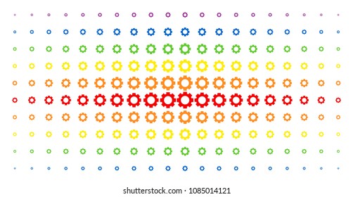 Gear icon rainbow colored halftone pattern. Vector gear objects are organized into halftone matrix with vertical spectral gradient. Designed for backgrounds, covers,
