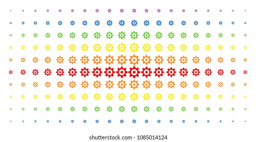 Gear icon rainbow colored halftone pattern. Vector gear symbols are organized into halftone grid with vertical rainbow colors gradient. Constructed for backgrounds, covers,