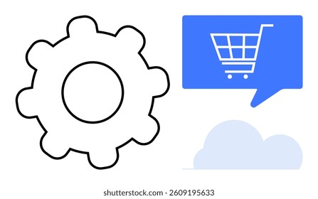 Gear icon representing settings, speech bubble with shopping cart symbolizing e-commerce, cloud icon. Ideal for online shopping platforms, app development, cloud services, digital marketing, website