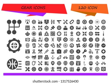 gear icon set. 120 filled gear icons.  Simple modern icons about  - Gearshift, Basketball, Settings, Edit tools, Bike, Skills, Saddle, Tools, Carabiner, Watch, Wheels, Gear, Vision
