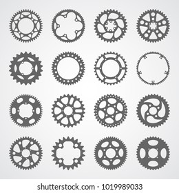 Gear icon set. 16 vector cog wheel silhouettes isolated on white background. Gears collection for logo, app buttons or infographic.